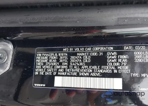 2020 Volvo Xc90 Inscription из США, поврежденный, VIN YV4A22PL6L1616114